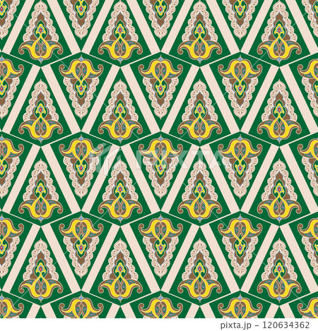 Geometric Seamless Pattern Arabesque. Decorative Asian Folk Seamless Pattern. Ethnic Ornament, Kyrgyz, Kazakhs, Bashkirs, Tatars, Yakut, Mongols 120634362