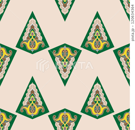 Geometric Seamless Pattern Arabesque. Decorative Asian Folk Seamless Pattern. Ethnic Ornament, Kyrgyz, Kazakhs, Bashkirs, Tatars, Yakut, Mongols 120634364