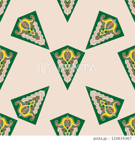 Geometric Seamless Pattern Arabesque. Decorative Asian Folk Seamless Pattern. Ethnic Ornament, Kyrgyz, Kazakhs, Bashkirs, Tatars, Yakut, Mongols 120634367