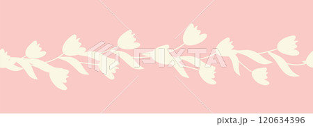 Decorative seamless vintage pattern in classic style with flowers and branches. Silhouettes of flowers, Two-color horizontal ornament in pastel colors, border Decorative seamless vintage pattern in classic style with flowers and branches. Silhouettes of flowers, Two-color horizontal ornament in pastel colors, border 120634396