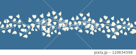 Decorative seamless vintage pattern in classic style with flowers and branches. Silhouettes of flowers, Two-color horizontal ornament in pastel colors, border 120634399