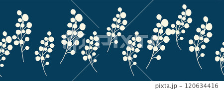 Decorative seamless vintage pattern in classic style with flowers and branches. Silhouettes of flowers, Two-color horizontal ornament in pastel colors, border Decorative seamless vintage pattern in classic style with flowers and branches. Silhouettes of flowers, Two-color horizontal ornament in pastel colors, border 120634416