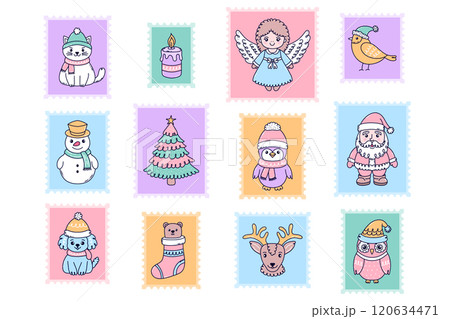 Set of postage stamps with characters to celebrate Christmas. 120634471