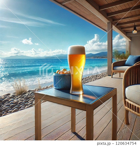 海辺のテラスのテーブルに置いてあるビール 120634754