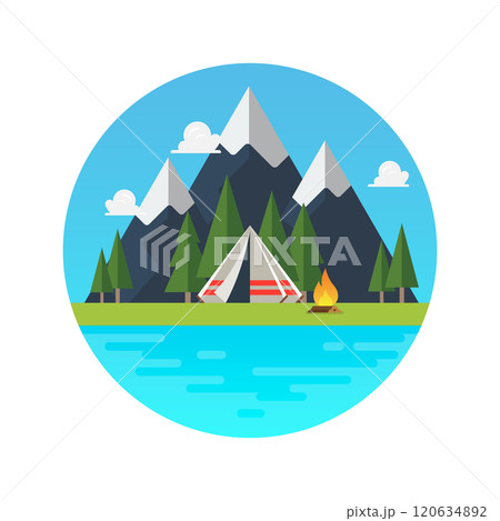 Camping tent with landscape logo. Camping tent with landscape logo. 120634892