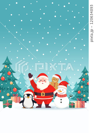 Poster of Santa claus with snowman gingerbread man and penguin in snow field. Cute cartoon. Vector illustration Poster of Santa claus with snowman gingerbread man and penguin in snow field. Cute cartoon. Vector illustration 120634893