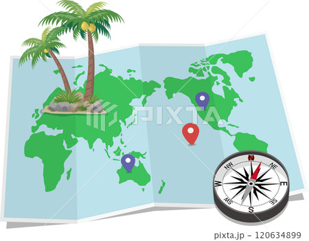 折り目のついた世界地図　方位磁石とヤシ付き 120634899