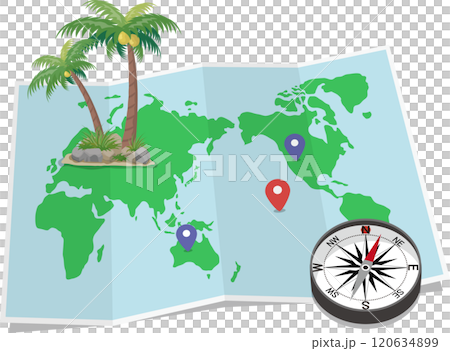 折り目のついた世界地図　方位磁石とヤシ付き 120634899
