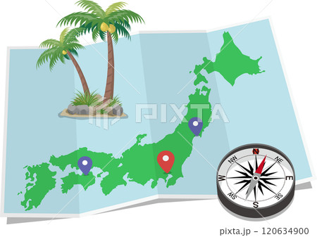 折り目のついた日本地図　方位磁石とヤシ付き 120634900