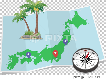 日本的摺痕地圖有指南針和棕櫚的 120634900