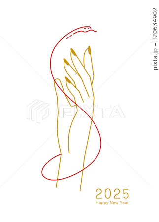 正月素材：ネイルをしたきれいな手に巻き付いた蛇のシンプルでおしゃれな年賀状素材（巳年・ネイルサロン向 120634902