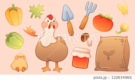 Cute cottagecore vector. Autumn farm with chicken Cute cottagecore vector. Autumn farm with chicken 120634968