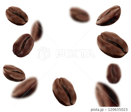 Scattered roasted coffee beans floating Scattered roasted coffee beans floating 120635023