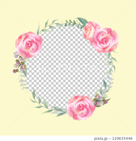 水彩で描いたピンクの薔薇の円形フレーム　背景付き 120635446