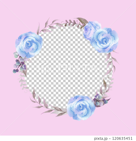 背景水彩畫的藍玫瑰圓形框架 120635451