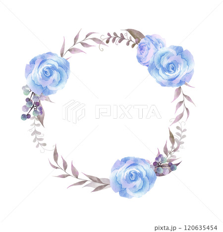 水彩で描いた青い薔薇の円形フレーム 120635454