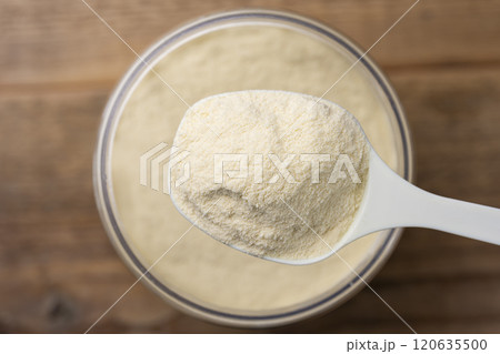 保存瓶から計量スプーンですくい取ったプロテインパウダーの俯瞰 120635500