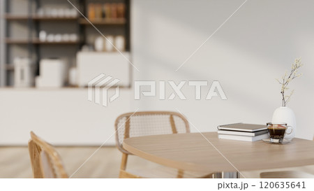 A close-up of a minimalist wooden table and chairs in a cozy Scandinavian coffee shop cafe. 120635641