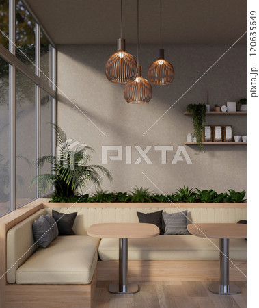 The interior of a cozy Scandinavian coffee shop cafe seating area. 120635649