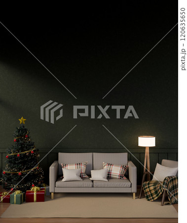 An elegant, cozy living room on a festive Christmas night features a dark green accent wall. An elegant, cozy living room on a festive Christmas night features a dark green accent wall. 120635650