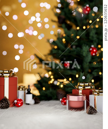 Beautiful, elegant Christmas background features Christmas present boxes and ornaments. 120635652