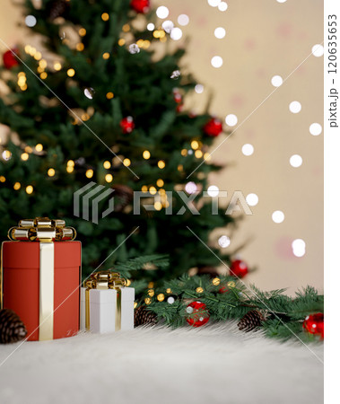 Beautiful Christmas background features Christmas present boxes and a shining Christmas tree. 120635653