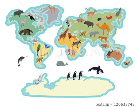 A colorful map of the world with many different animals on it 120635745
