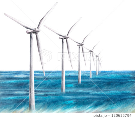 Offshore wind farm on ocean. Wind turbine park at the sea. Windmills power. Watercolor hand drawn illustration. Eco concept. Green energy production card, poster print Clipart isolated from background Offshore wind farm on ocean. Wind turbine park at the sea. Windmills power. Watercolor hand drawn illustration. Eco concept. Green energy production card, poster print Clipart isolated from background 120635794
