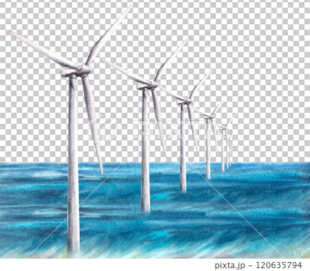 Offshore wind farm on ocean. Wind turbine park at the sea. Windmills power. Watercolor hand drawn illustration. Eco concept. Green energy production card, poster print Clipart isolated from background Offshore wind farm on ocean. Wind turbine park at the sea. Windmills power. Watercolor hand drawn illustration. Eco concept. Green energy production card, poster print Clipart isolated from background 120635794