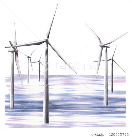 Offshore wind farm at sea or in the ocean. Wind turbine park. Windmills power energy. Watercolor hand drawn illustration. Clipart for your alternative energy project, ecology isolated from background Offshore wind farm at sea or in the ocean. Wind turbine park. Windmills power energy. Watercolor hand drawn illustration. Clipart for your alternative energy project, ecology isolated from background 120635796