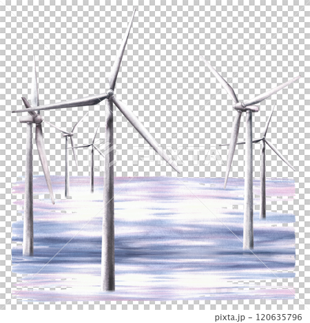 Offshore wind farm at sea or in the ocean. Wind turbine park. Windmills power energy. Watercolor hand drawn illustration. Clipart for your alternative energy project, ecology isolated from background Offshore wind farm at sea or in the ocean. Wind turbine park. Windmills power energy. Watercolor hand drawn illustration. Clipart for your alternative energy project, ecology isolated from background 120635796