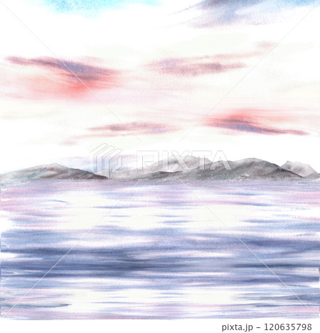 Nautical watercolor landscape. Adriatic seascape with sunset or sunrise sky, mountain silhouettes, reflection at sea. Hand drawn illustration isolated from background. For holiday cards, poster print. 120635798