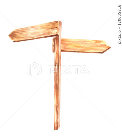 Wooden directional sign, arrow. Wooden signboards, board, banners, rustic plaque place name. Signs direction for pathfinding. Watercolor realistic clipart Hand drawn Illustration isolated from 120635816