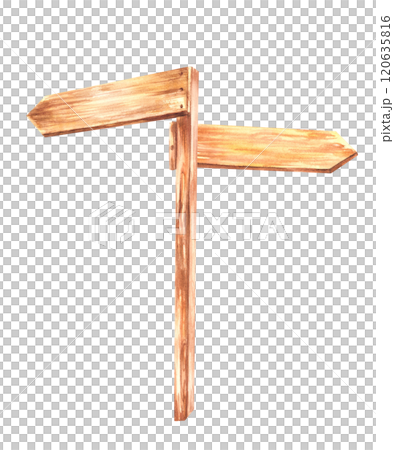 Wooden directional sign, arrow. Wooden signboards, board, banners, rustic plaque place name. Signs direction for pathfinding. Watercolor realistic clipart Hand drawn Illustration isolated from 120635816