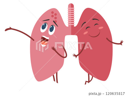 Two cartoon lungs are smiling and one is pointing 120635817