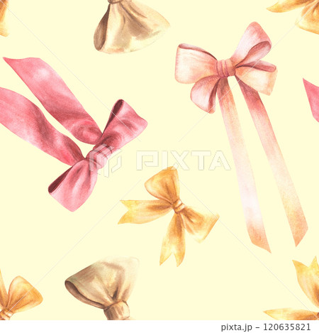 Ribbon and bow seamless pattern. Watercolor Hand drawn Illustration. Red, beige, pink gold pastel coloured clipart for coquette girl fabric, girl wallpaper, packing on isolated yellow background 120635821