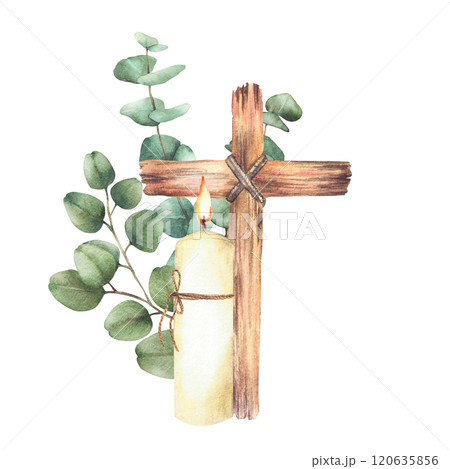 Burning candle with Cross tied with a rope against the background of Eucalyptus plant green branches. Religious Watercolor isolated hand drawn illustration for first communion, baptism, Easter 120635856