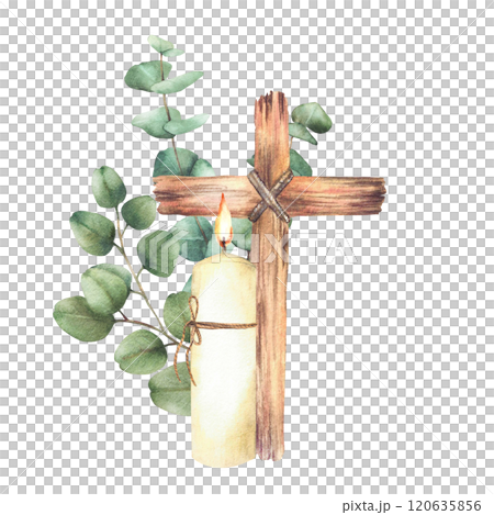 Burning candle with Cross tied with a rope against the background of Eucalyptus plant green branches. Religious Watercolor isolated hand drawn illustration for first communion, baptism, Easter 120635856
