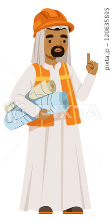 A man in an orange vest holding blueprints and pointing to the sky A man in an orange vest holding blueprints and pointing to the sky 120635895