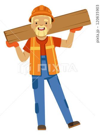 A man in a construction outfit is holding a piece of wood 120635903