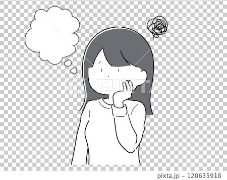 一個把手放在臉頰上感到焦慮的簡單女孩 一個把手放在臉頰上感到焦慮的簡單女孩 120635918