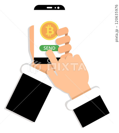 A hand is pointing to a phone screen with a Bitcoin symbol on it A hand is pointing to a phone screen with a Bitcoin symbol on it 120635976