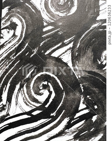 水墨画の躍動感と掠れ、墨絵背景、墨で描かれた渦巻き 、墨で描かれた