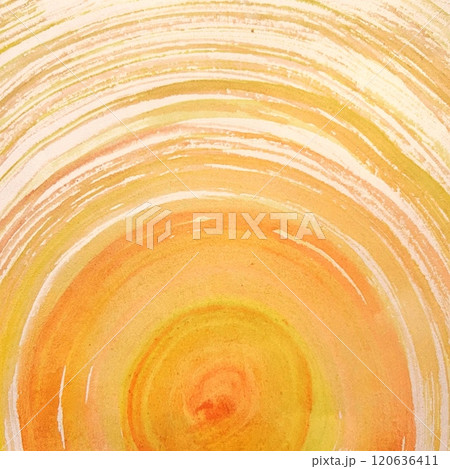 波紋を描いた水彩画、オレンジ色の波紋、筆跡のある水彩画、刷毛跡のある絵、顔彩で描いた太陽の光のリング 120636411