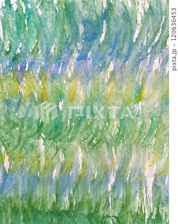 水彩で描いた緑色の模様、湖面に映る木々の絵、緑、黄色、青、黄緑色、筆跡、水彩画、透明水彩で描いた水面 120636453