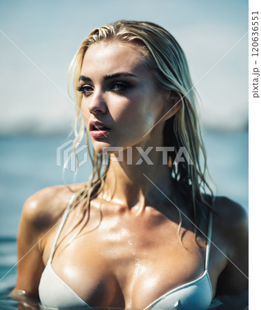 sexy blomd girl in bikini in sea. Young beautiful woman relaxing in water 120636551