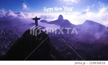 花火とキリスト像のシルエットによる新年のお祝い 120636616