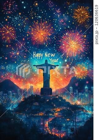 花火とキリスト像のシルエットによる新年のお祝い 120636619