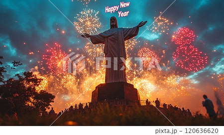 花火とキリスト像のシルエットによる新年のお祝い 120636620