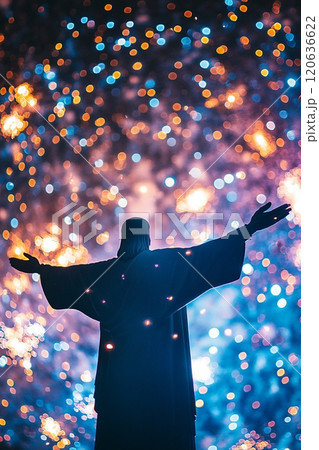 花火とキリスト像のシルエットによる新年のお祝い 120636622